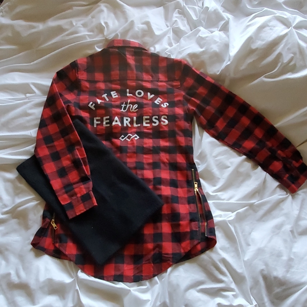 Long Red Flannel with Black Angora Neck Gaiter